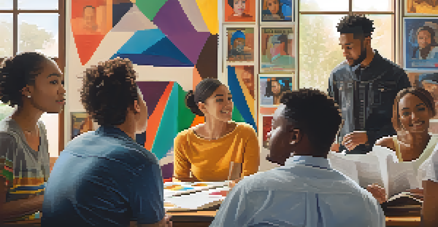 A diverse group of actors participating in a workshop with scripts and colorful posters in the background, lit by natural sunlight.