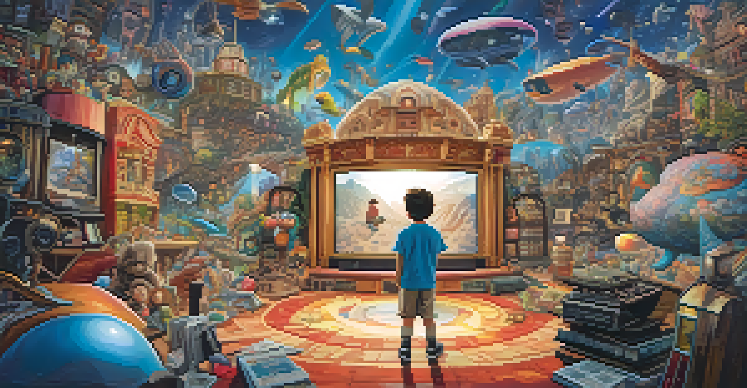 A child exploring a magical cinema world filled with elements from different film genres, surrounded by colorful and fantastical creatures.