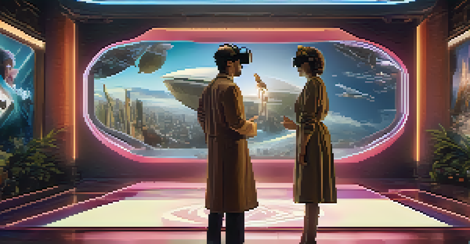 A futuristic virtual reality scene with characters in traditional and modern attire, emphasizing diverse gender roles in storytelling.