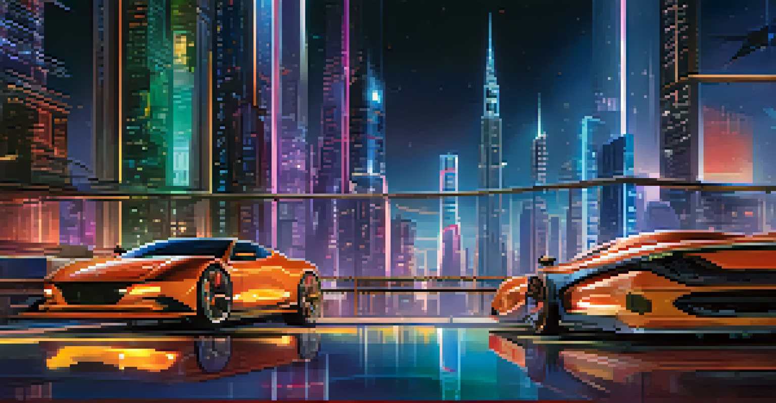 A futuristic city at night with neon lights and flying vehicles.