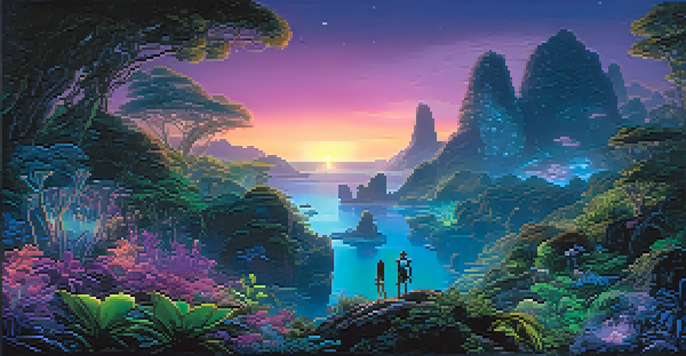 A vibrant landscape of Pandora with bioluminescent plants and a Na'vi character interacting with nature under a twilight sky.