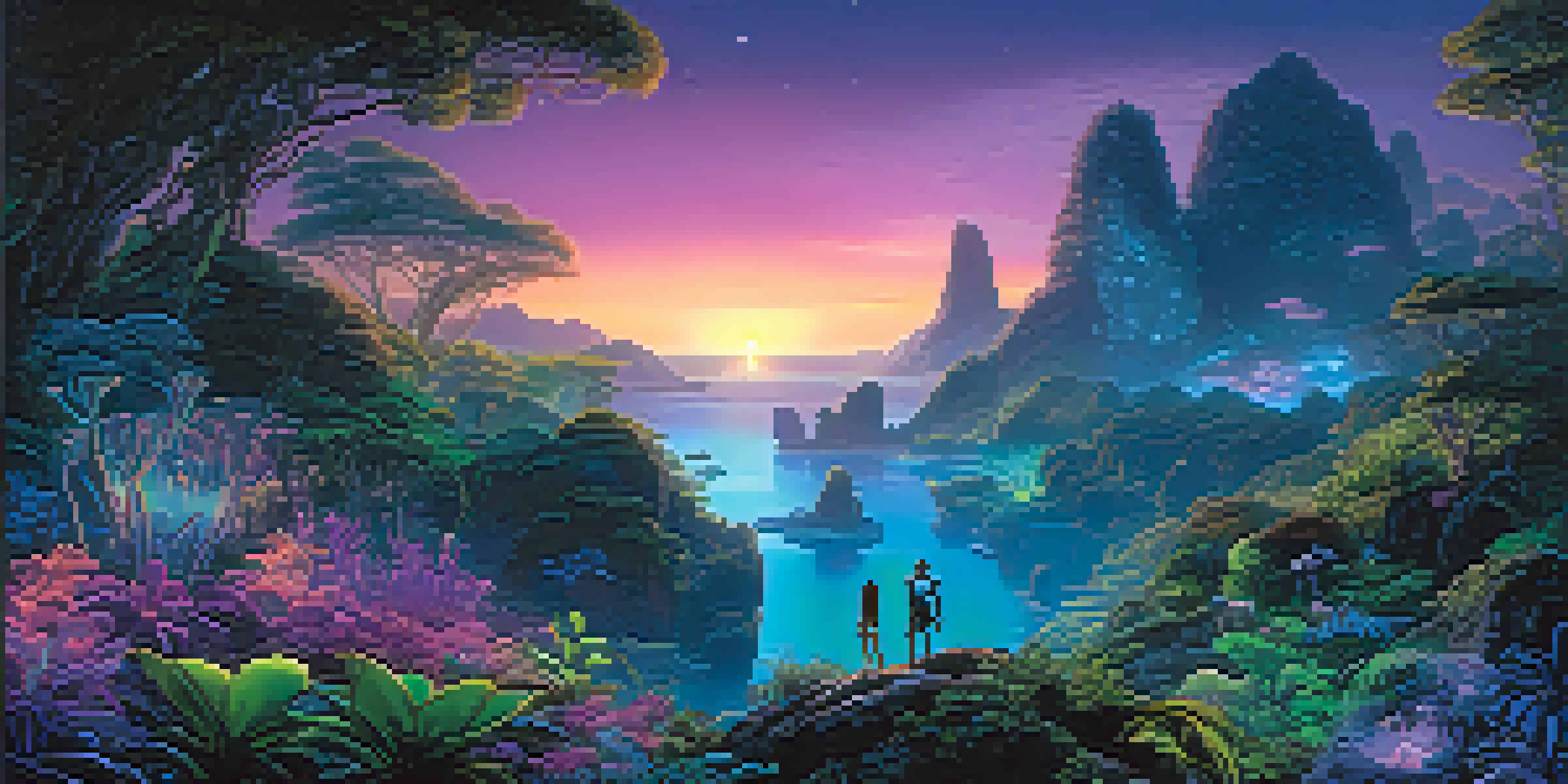 A vibrant landscape of Pandora with bioluminescent plants and a Na'vi character interacting with nature under a twilight sky.
