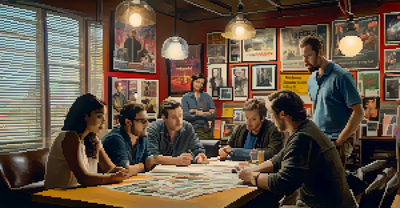 A director collaborates with a diverse crew of writers and producers around a table in a brightly lit room adorned with movie posters.