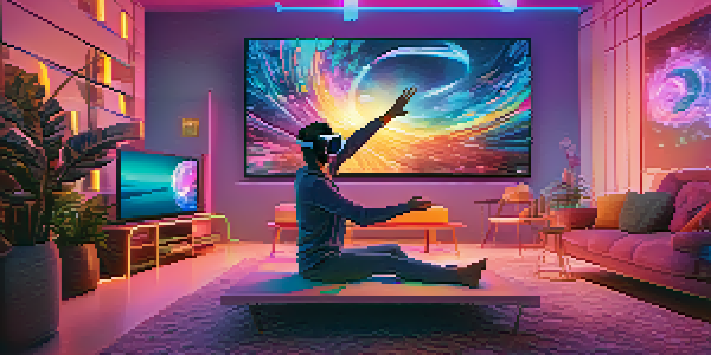 A person in a modern living room wearing a VR headset, surrounded by colorful digital elements and soft ambient lighting.