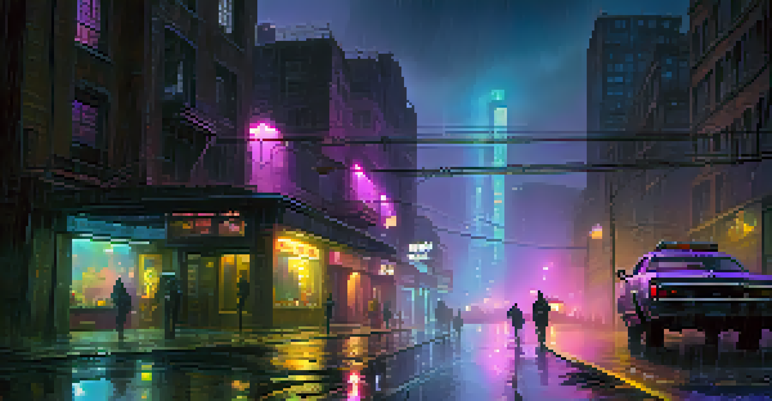 A dark and gritty urban landscape from a dystopian film, featuring crumbling buildings, mist, and neon lights reflecting on rain-slicked streets.