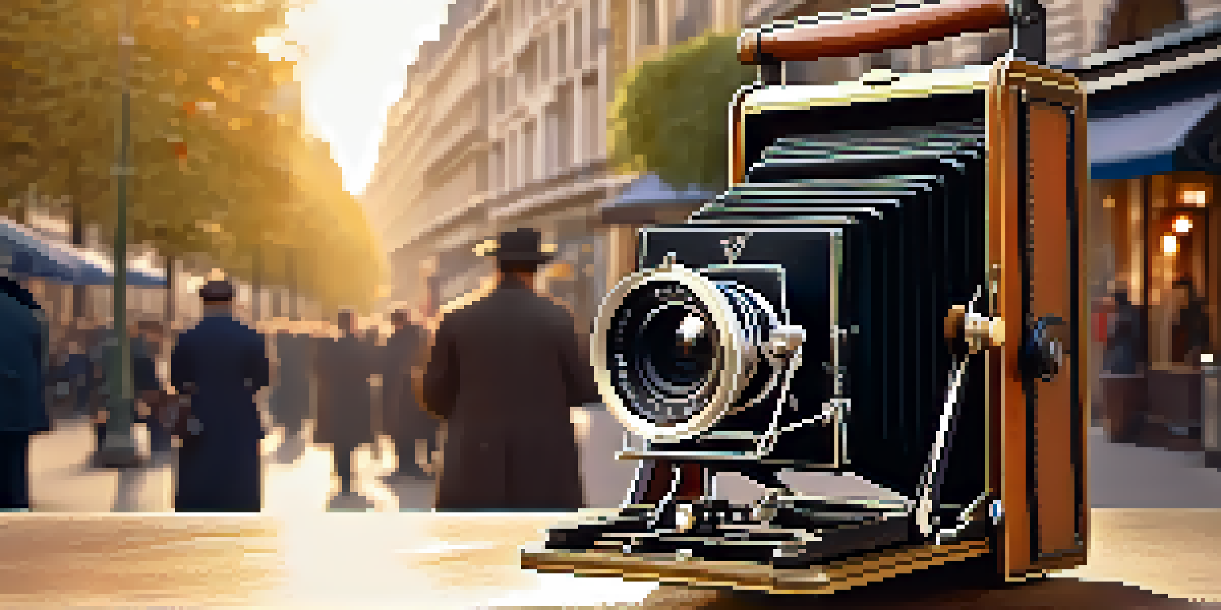 A vintage motion picture camera in a bustling 19th-century Paris street, with people in period clothing and warm sunlight.