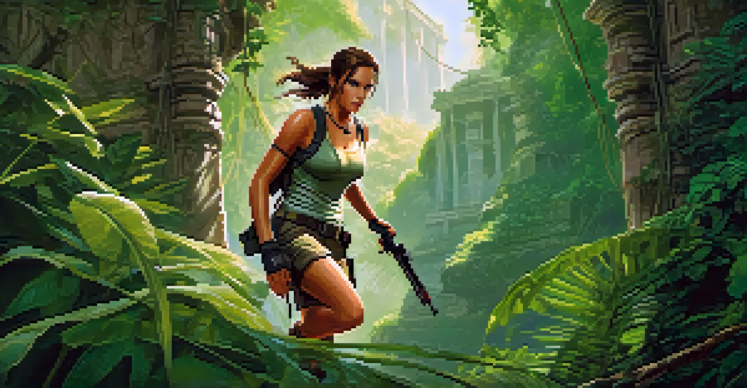 Lara Croft swinging on a vine in a lush jungle, showcasing her adventurous spirit amidst ancient ruins.