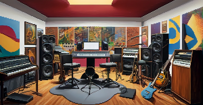A lively recording studio with musicians collaborating, featuring instruments and a colorful mural.