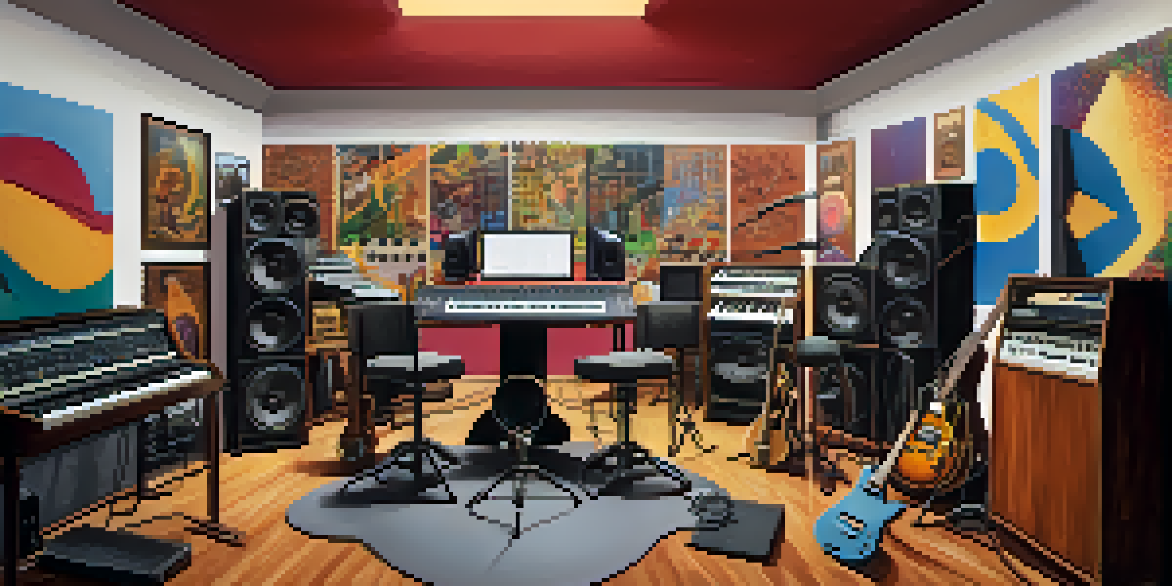 A lively recording studio with musicians collaborating, featuring instruments and a colorful mural.