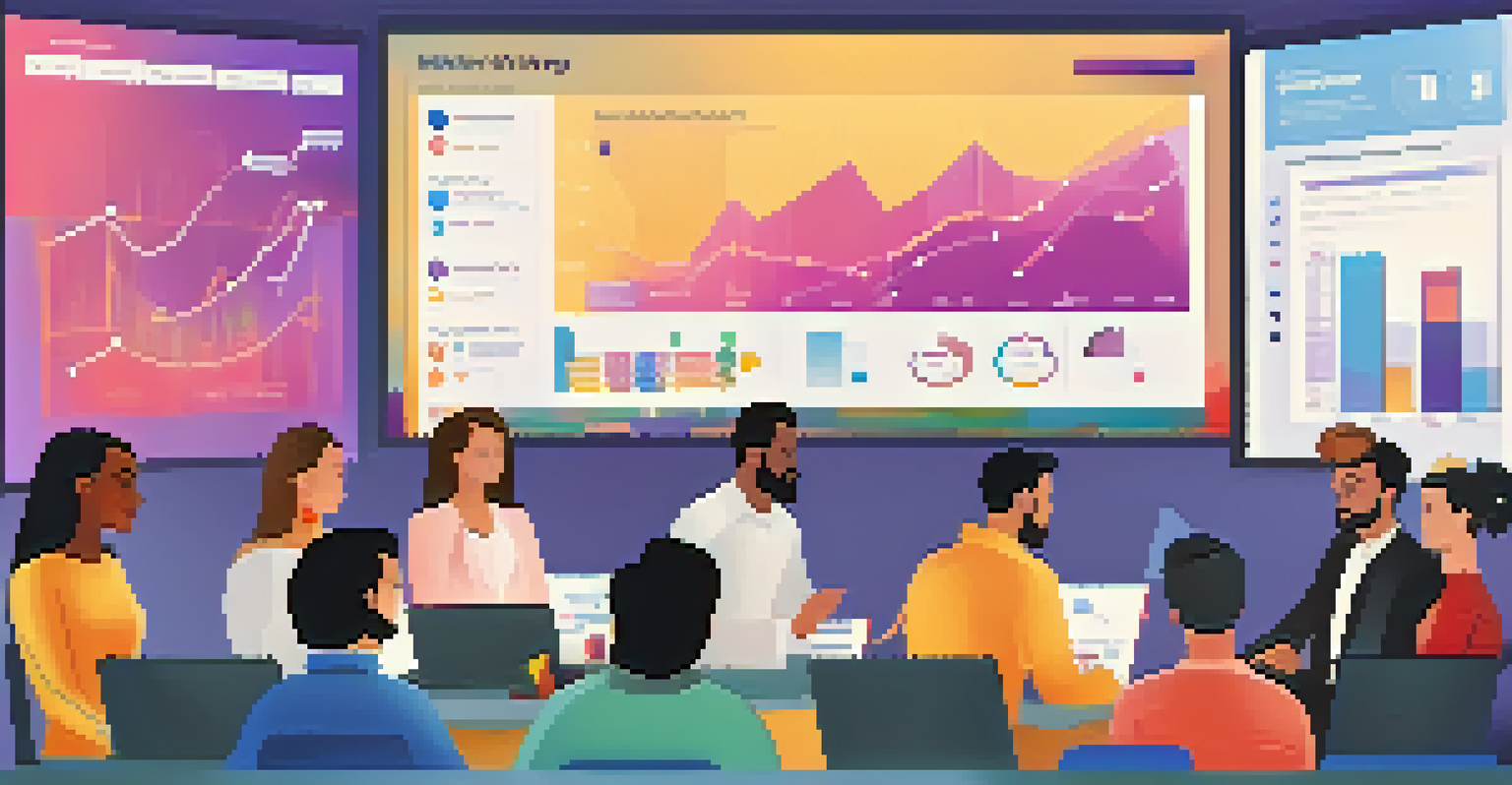 A diverse marketing team in a modern meeting room analyzing data analytics on a large screen.