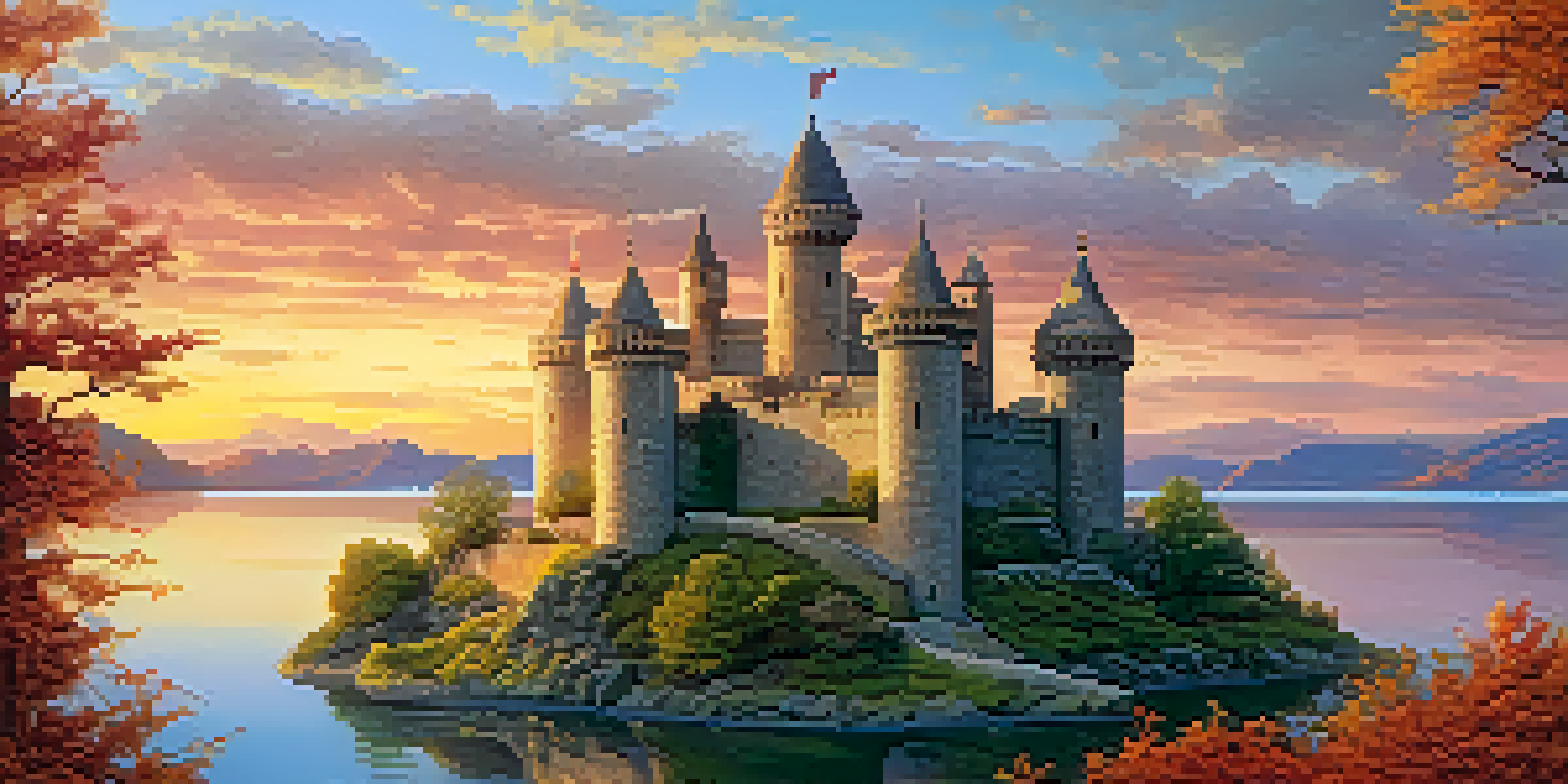 A miniature model of an ancient castle with turrets and a moat during sunset.