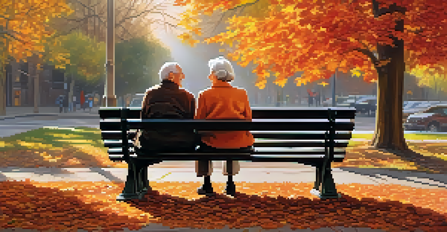 An elderly couple sitting on a park bench in autumn, holding hands and smiling, surrounded by colorful fall leaves.