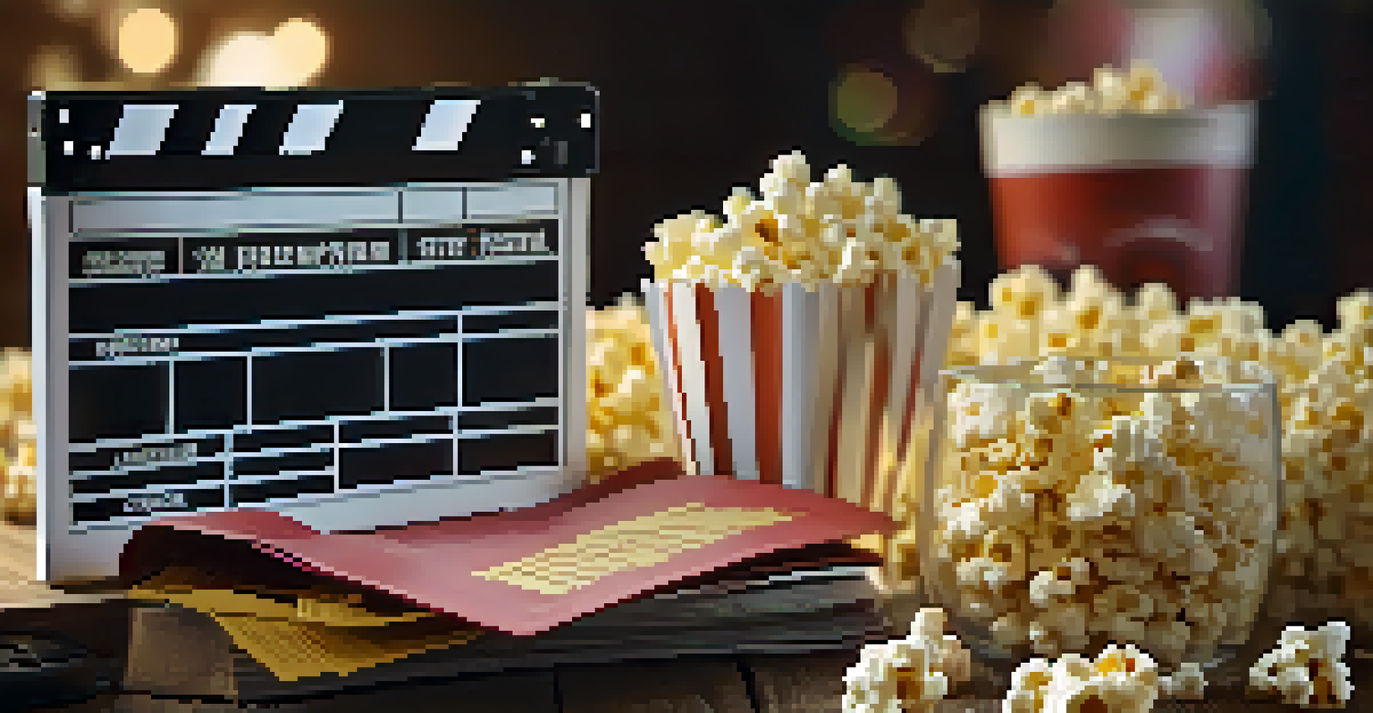 A close-up of a film reel and clapperboard on a table with popcorn and festival brochures, set in a cozy atmosphere.