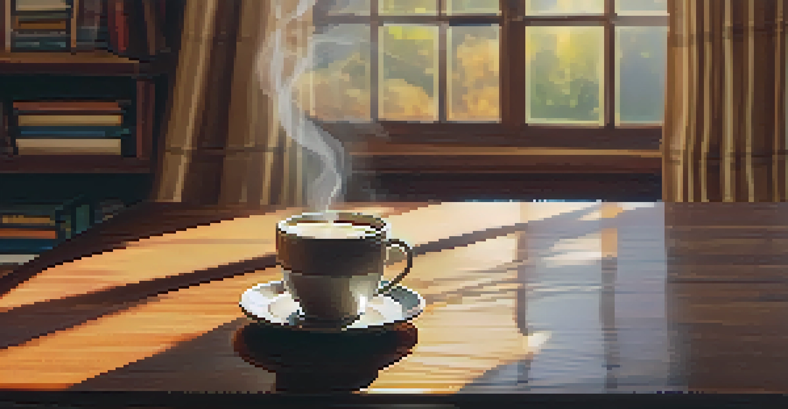 A steaming cup of coffee on a wooden table in a sunlit room filled with a cozy ambiance.