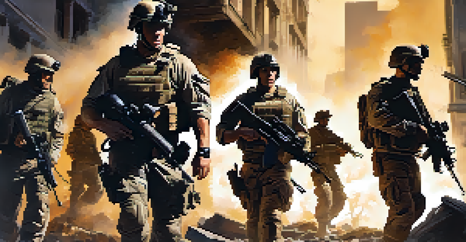 A diverse group of soldiers in tactical gear strategizing in a dimly lit urban environment, showcasing determination and camaraderie.