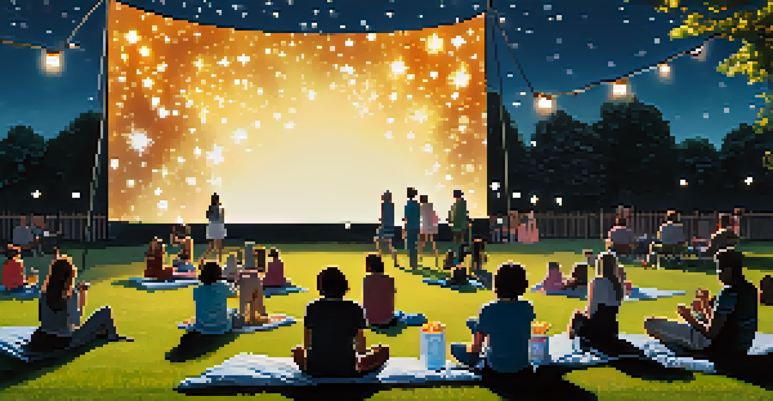 An outdoor park movie screening with people on blankets watching a classic film on an inflatable screen.