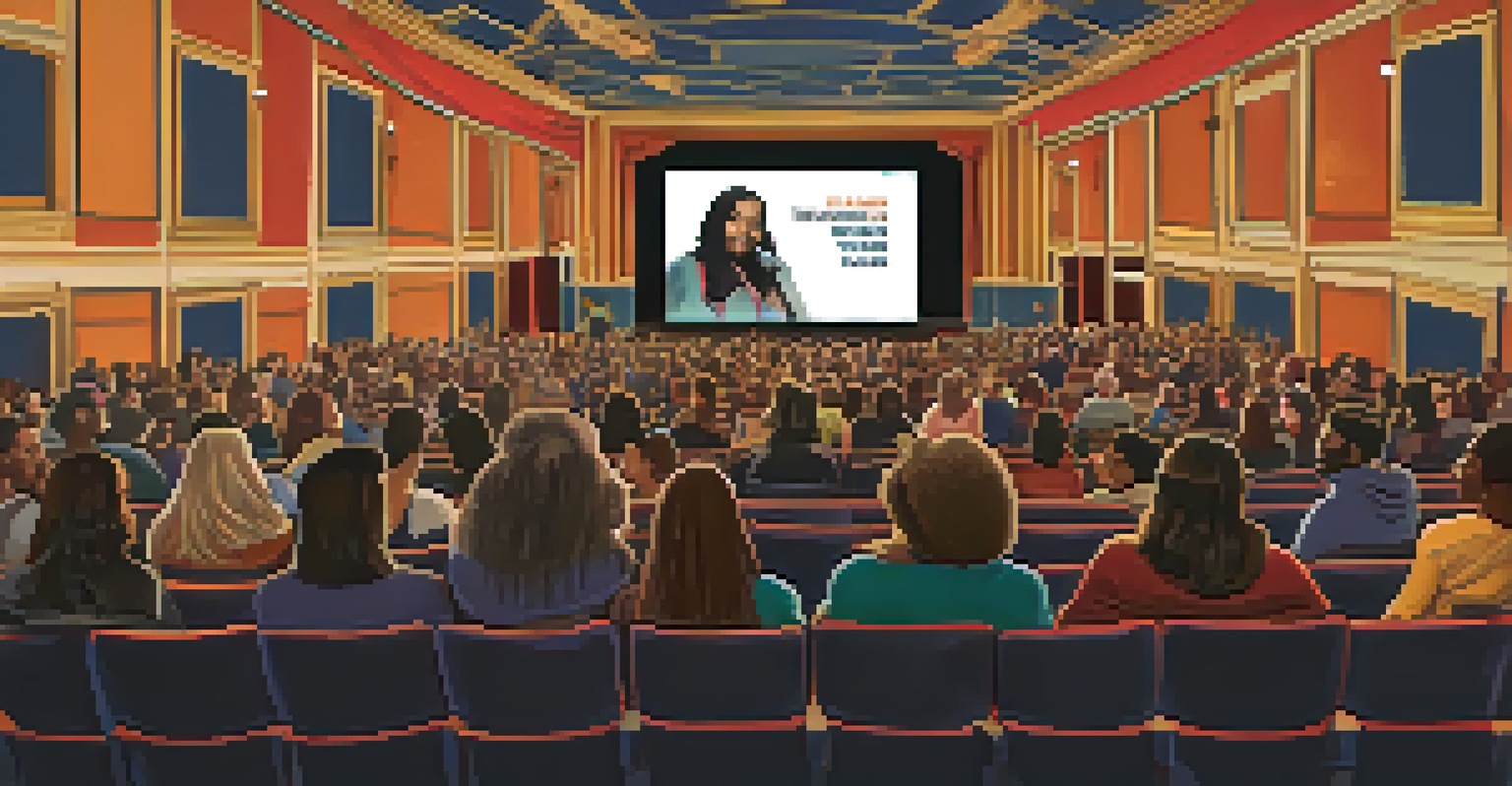 A community event at an independent theater with a filmmaker Q&A session, showcasing a diverse audience and a panel of filmmakers on stage in a cozy auditorium.