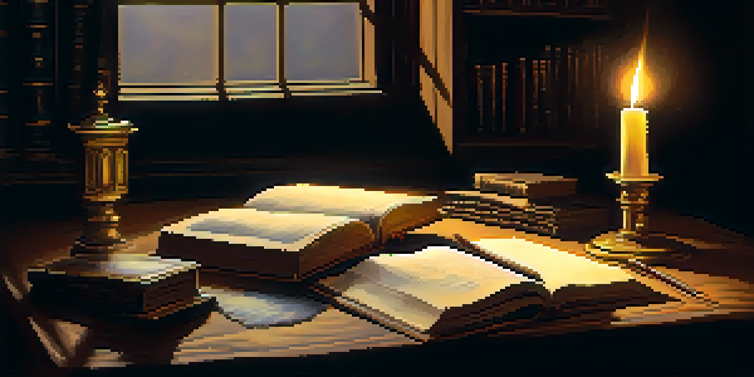 A cozy, dimly lit room with a wooden table, ancient books, and a flickering candle creating warm shadows.