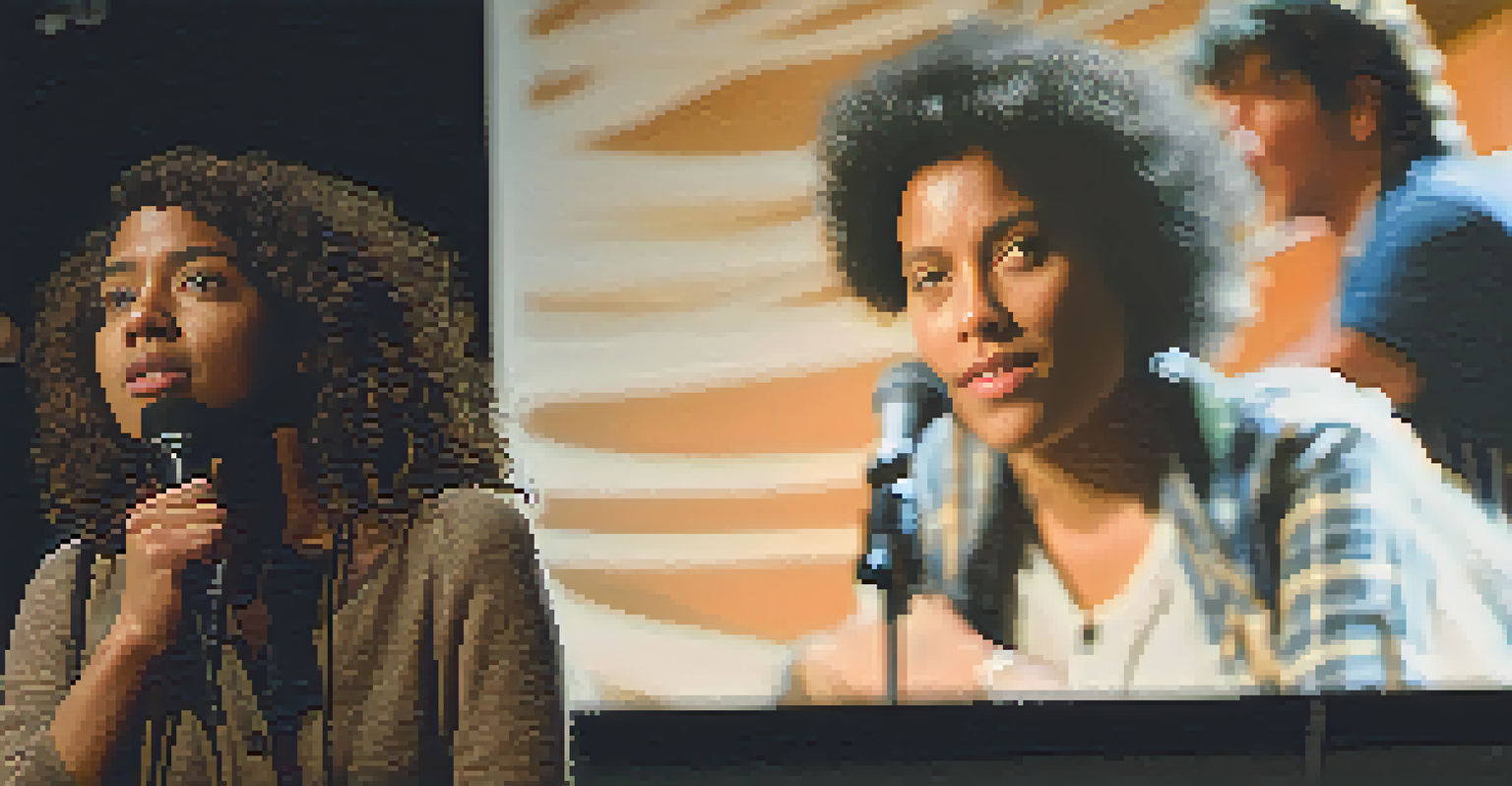 A young female filmmaker on stage during a Q&A session, passionately speaking into a microphone with a film still behind her.