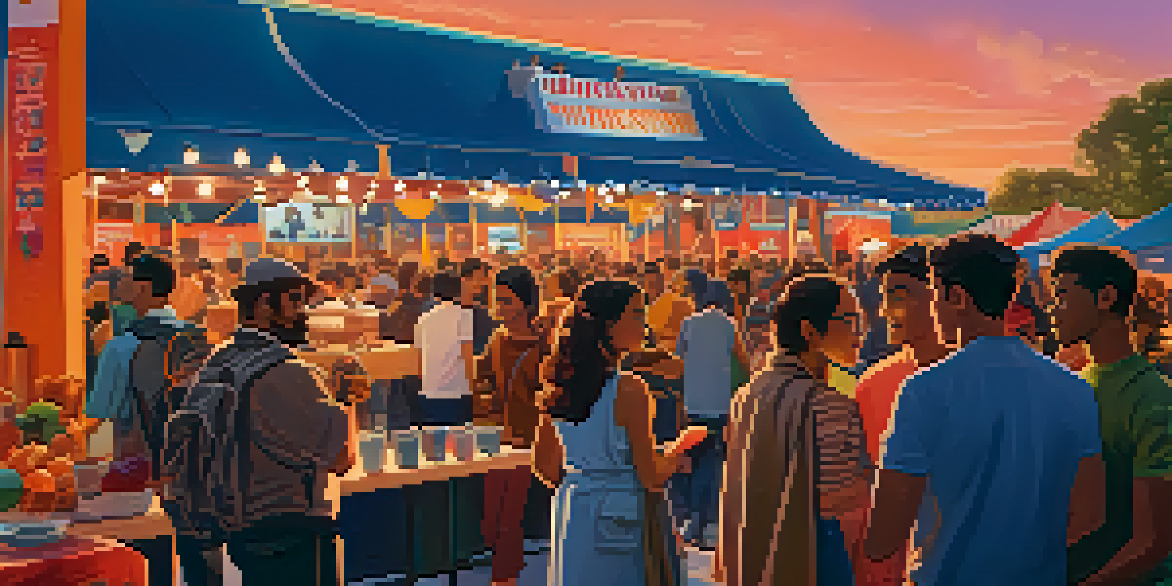 A lively outdoor film festival at dusk with diverse attendees enjoying food, discussing films, and taking selfies in front of a movie poster.