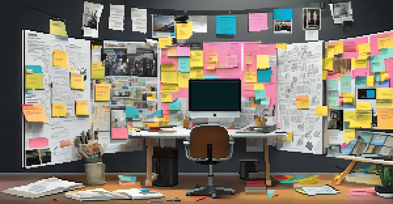 A creative workspace with a board filled with colorful notes and images, representing film marketing strategies.