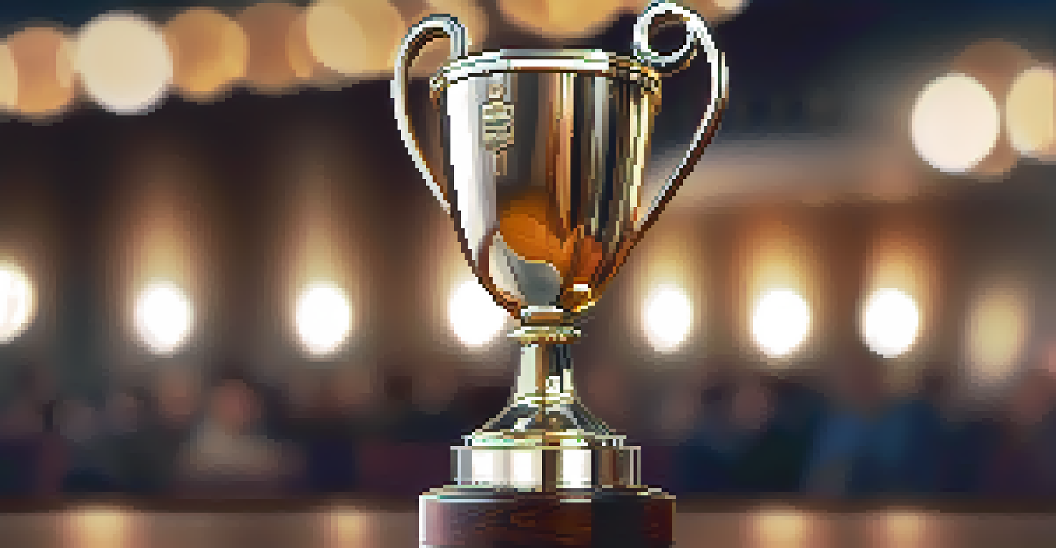 A close-up of a film festival award trophy on a polished table, with a bustling festival environment softly blurred in the background.