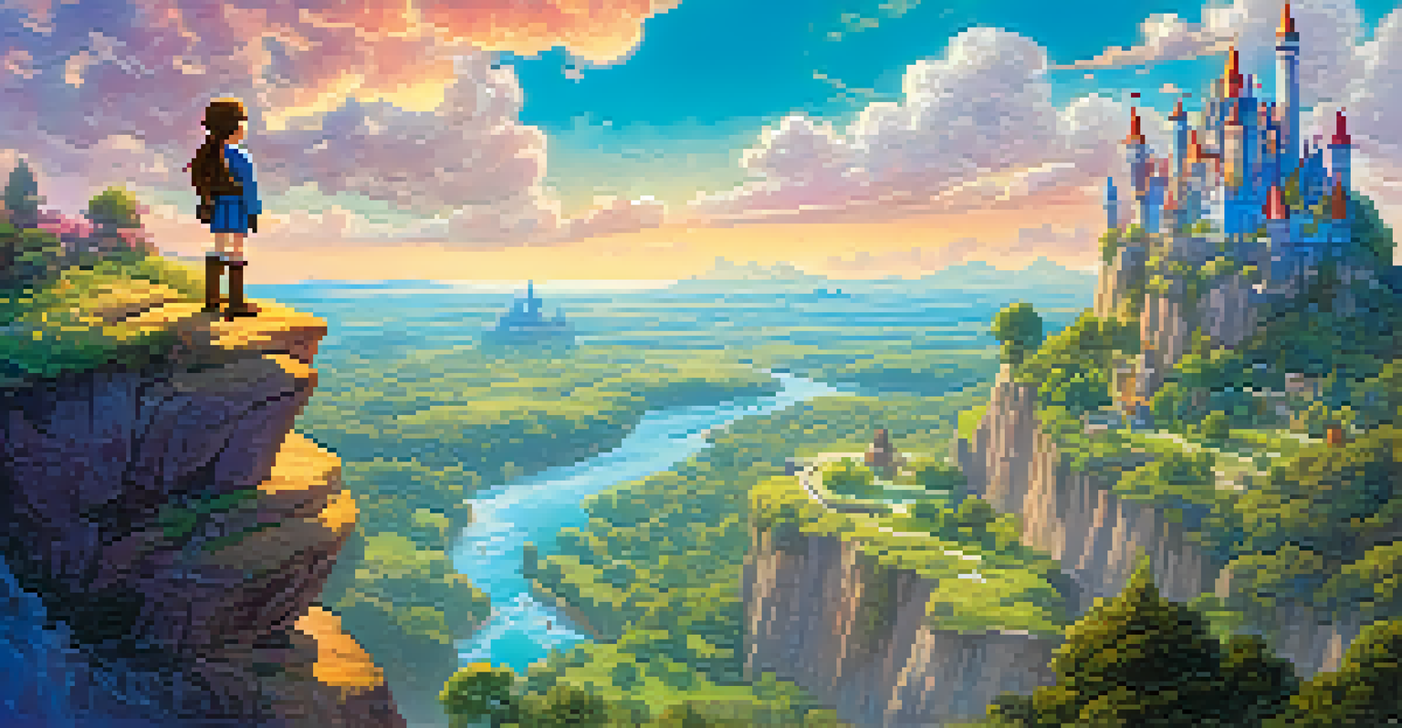An animated character on a cliff with a view of a magical kingdom and colorful landscape.