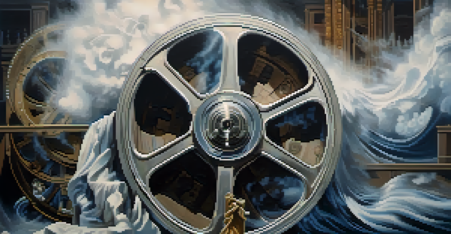 A film reel with mysterious scenes emerging, surrounded by mist and shadowy figures, creating an aura of anticipation.