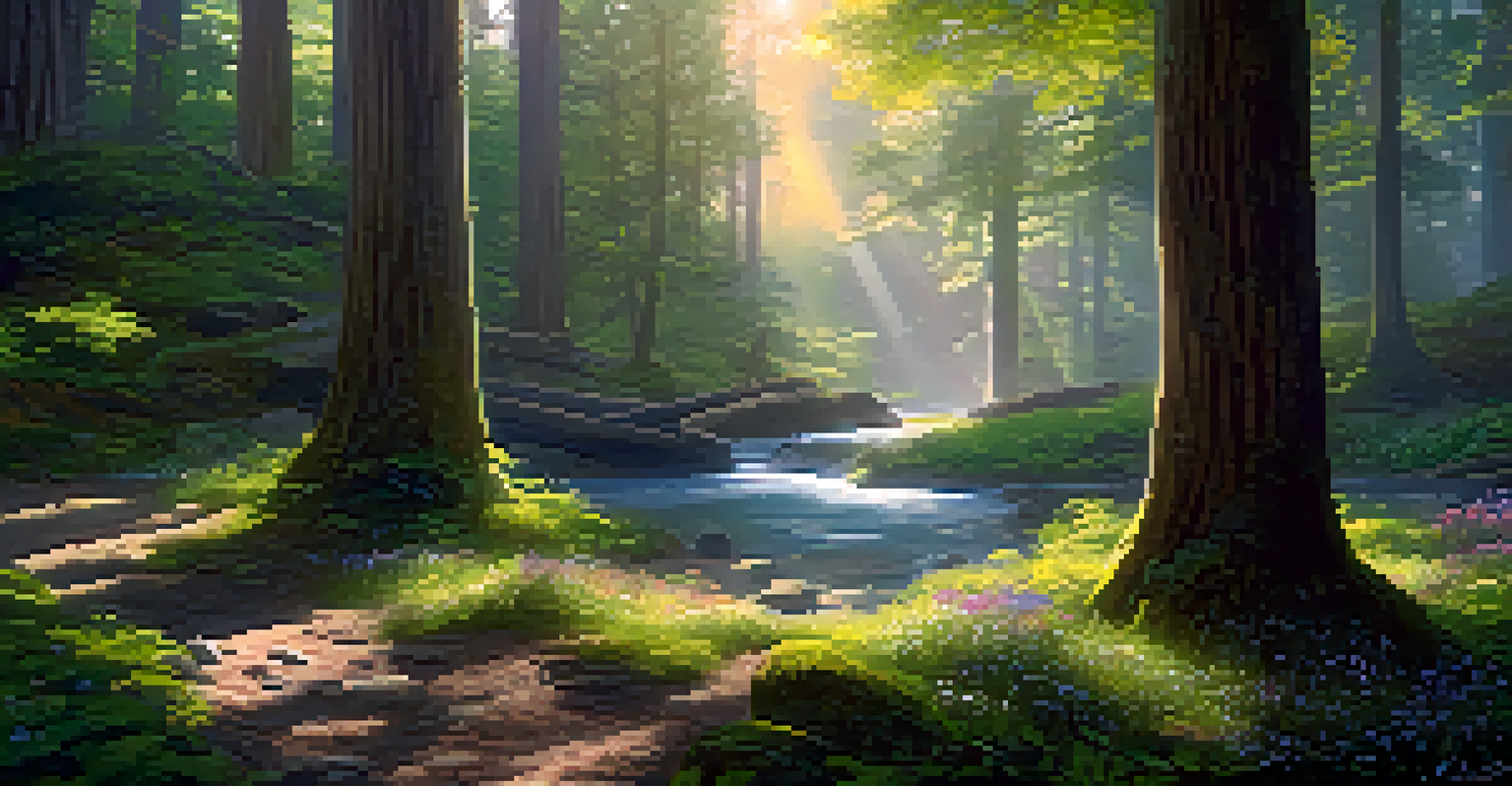 A tranquil VR forest scene with tall trees, sunlight filtering through leaves, and a gentle stream, creating a peaceful atmosphere.