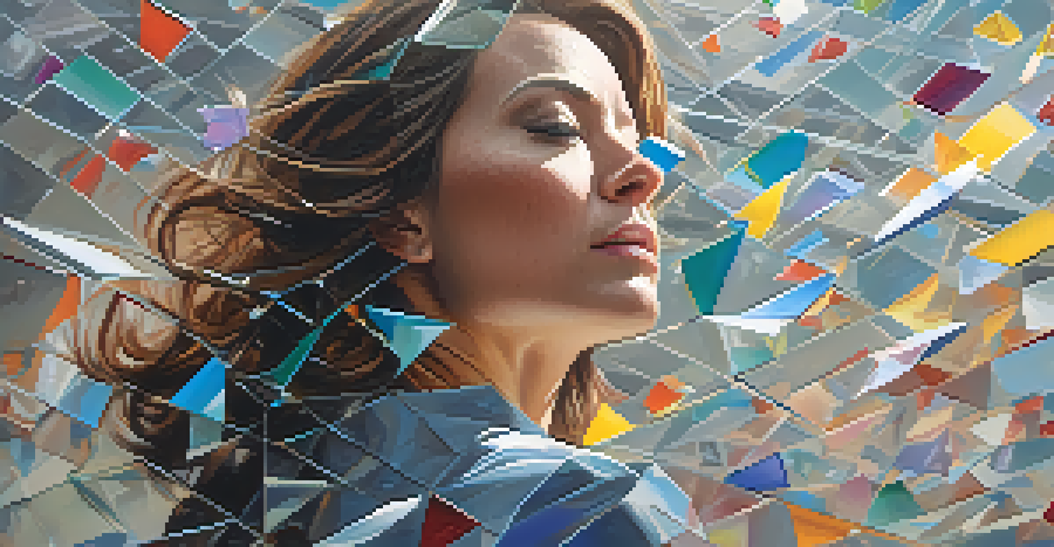 A woman breaking through a glass ceiling, with colorful glass shards reflecting light, symbolizing triumph.