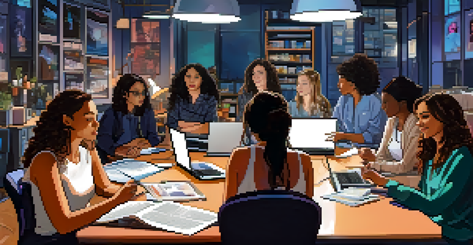 A modern film set with diverse female filmmakers collaborating on a script, surrounded by storyboards and laptops in a vibrant atmosphere.
