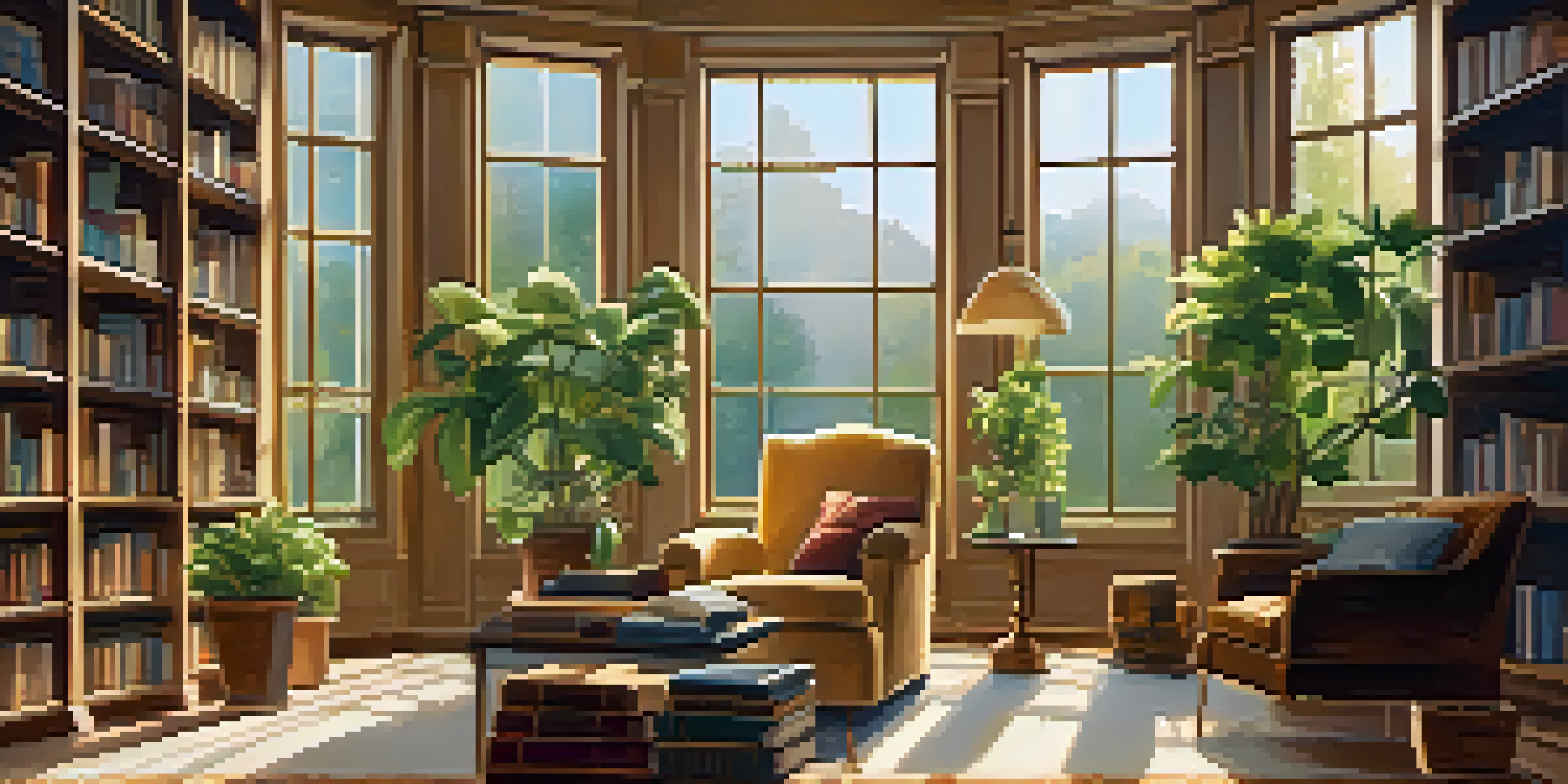 A tranquil library with sunlight pouring in through windows, illuminating a cozy reading nook with an armchair and books.