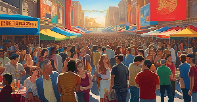 A lively film festival with filmmakers and attendees interacting, colorful banners, and a red carpet under warm golden hour lighting.