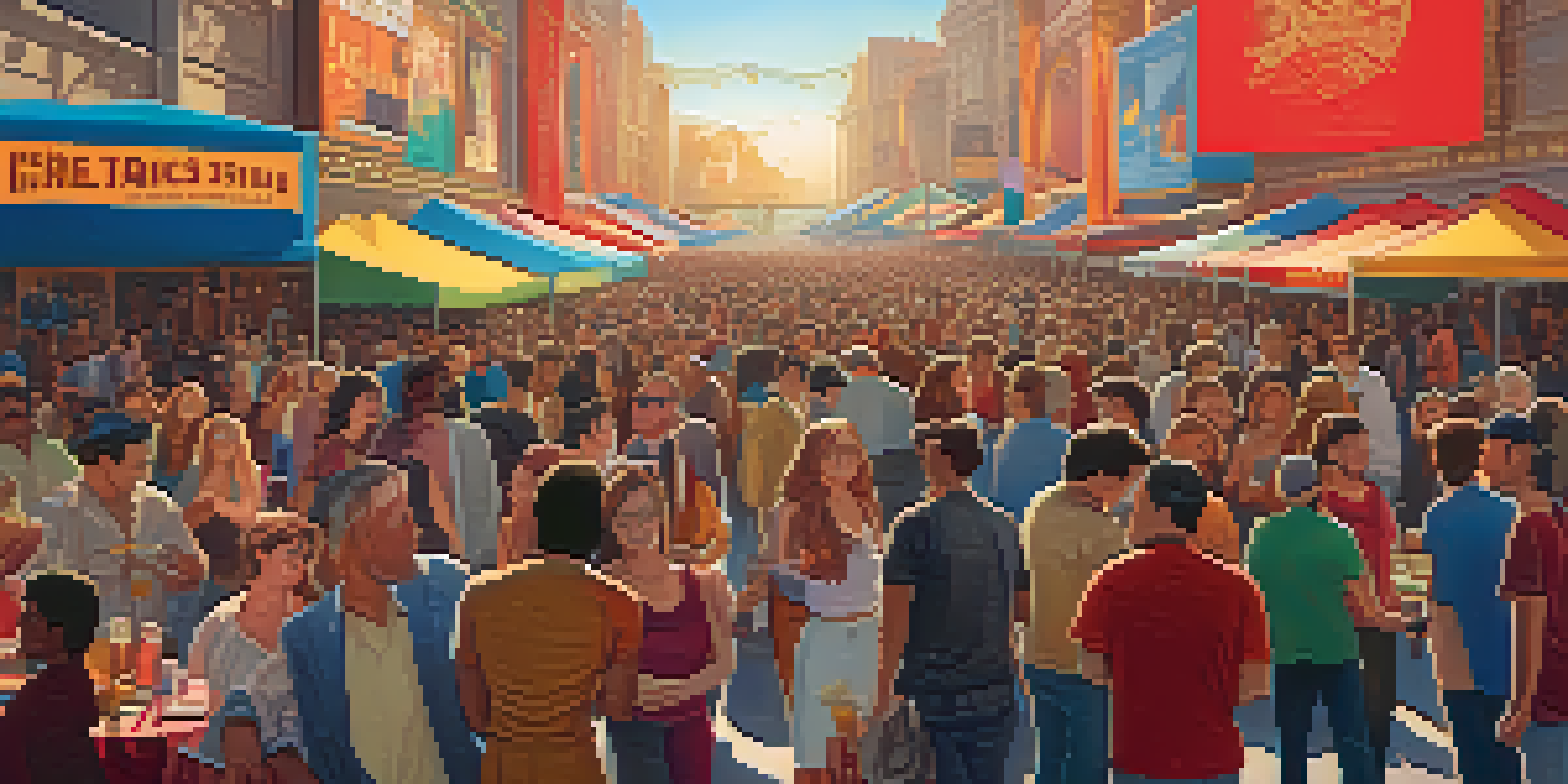 A lively film festival with filmmakers and attendees interacting, colorful banners, and a red carpet under warm golden hour lighting.