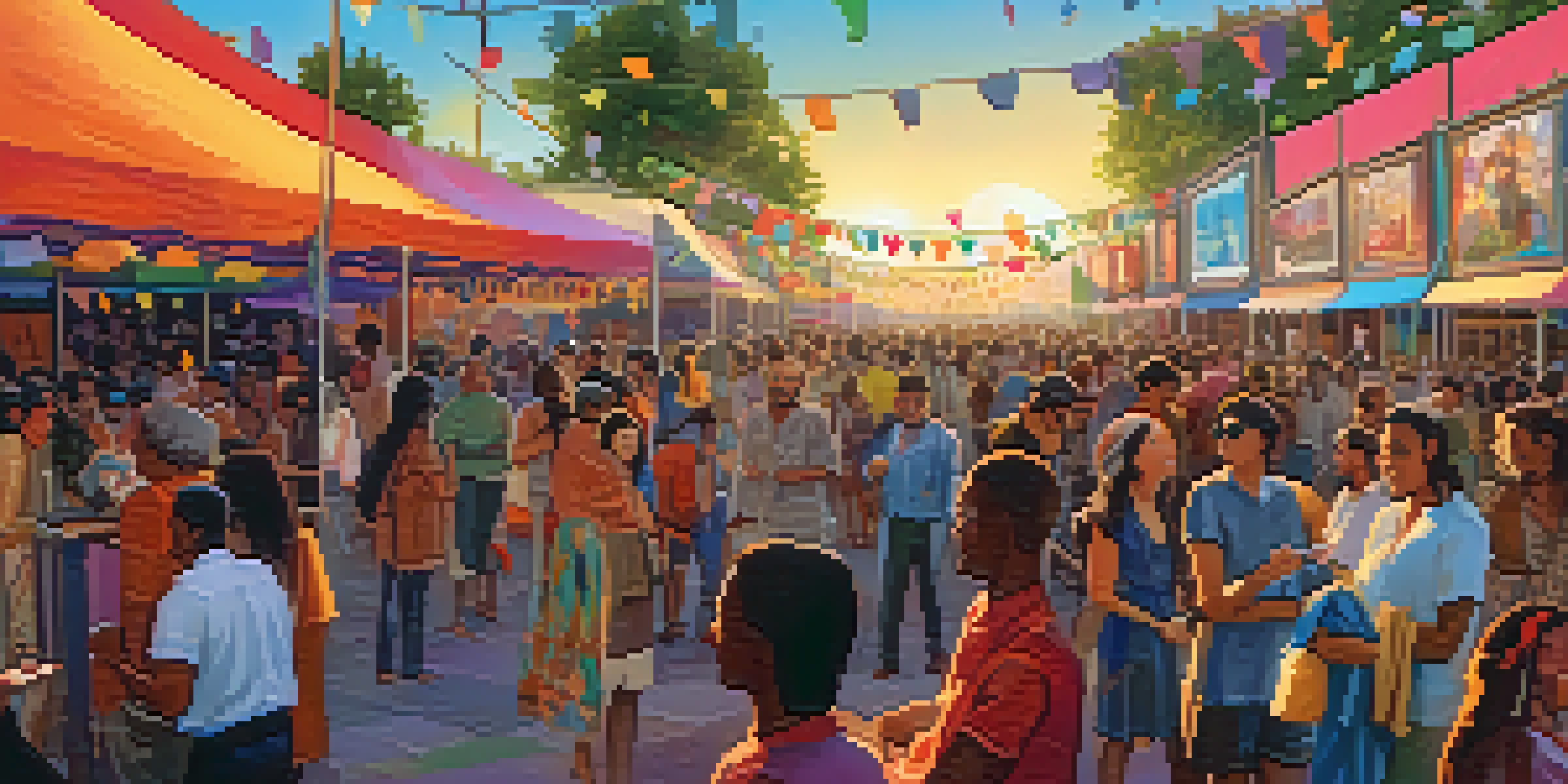 A lively outdoor film festival with a diverse crowd talking and enjoying films under colorful banners.