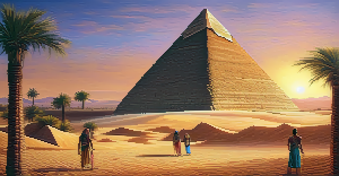 A traveler in traditional Egyptian attire gazes at the Great Pyramid of Giza at sunset, surrounded by desert dunes and palm trees.