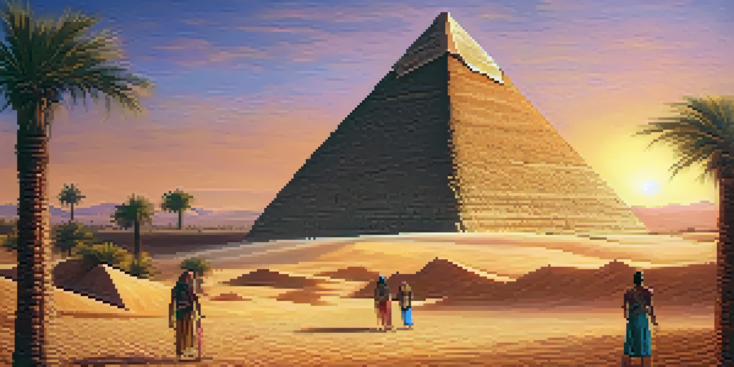 A traveler in traditional Egyptian attire gazes at the Great Pyramid of Giza at sunset, surrounded by desert dunes and palm trees.