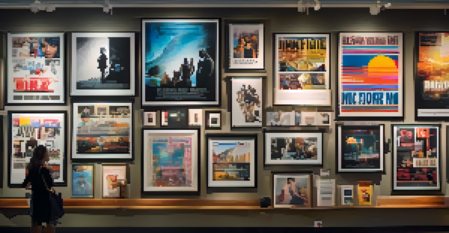 A gallery wall featuring diverse indie film posters, showcasing creativity and variety in independent cinema.