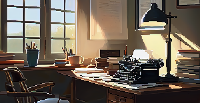 A modern home office with a wooden desk, books, a laptop, and a cup of coffee, illuminated by sunlight through a window.