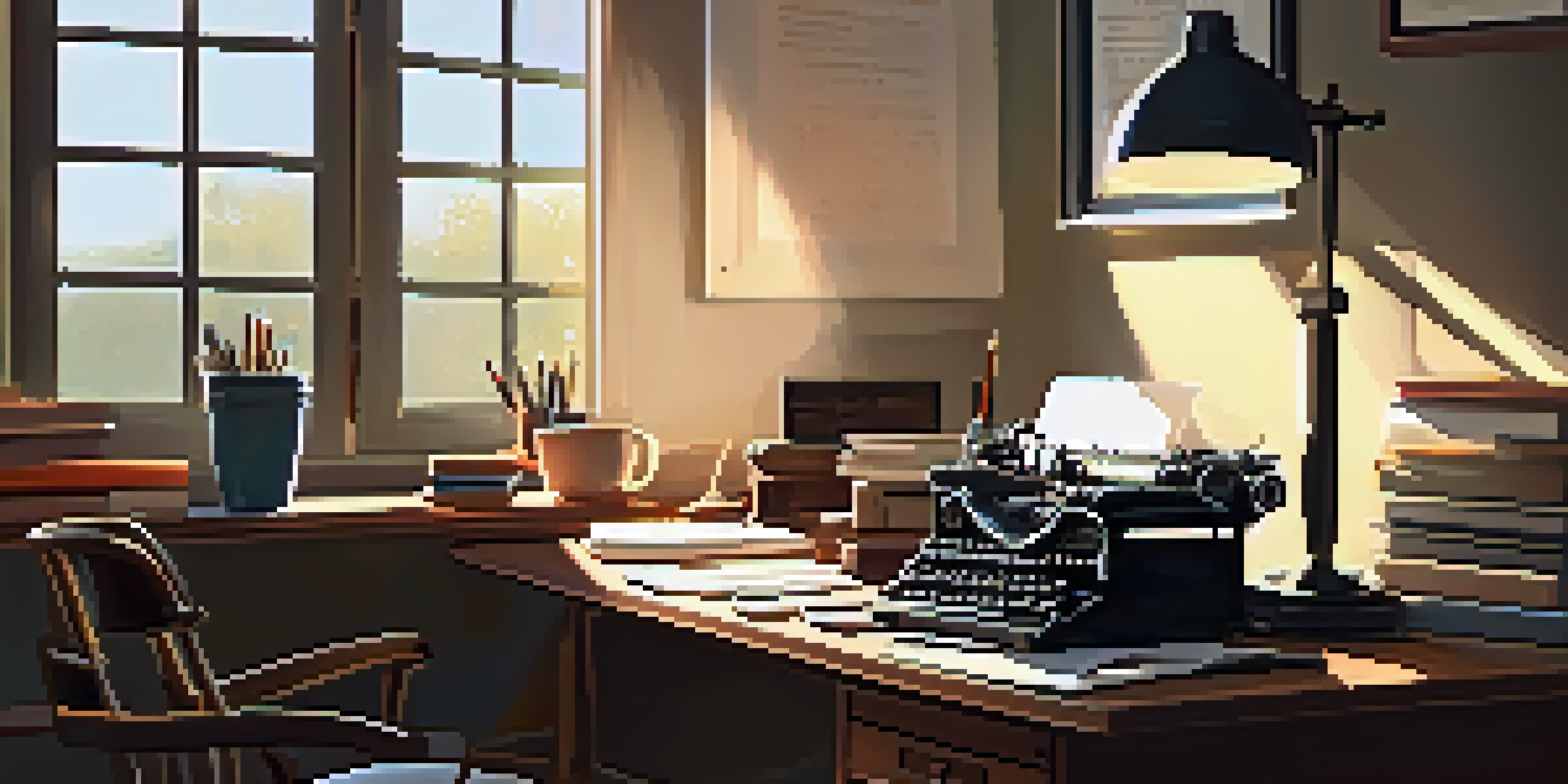 A modern home office with a wooden desk, books, a laptop, and a cup of coffee, illuminated by sunlight through a window.