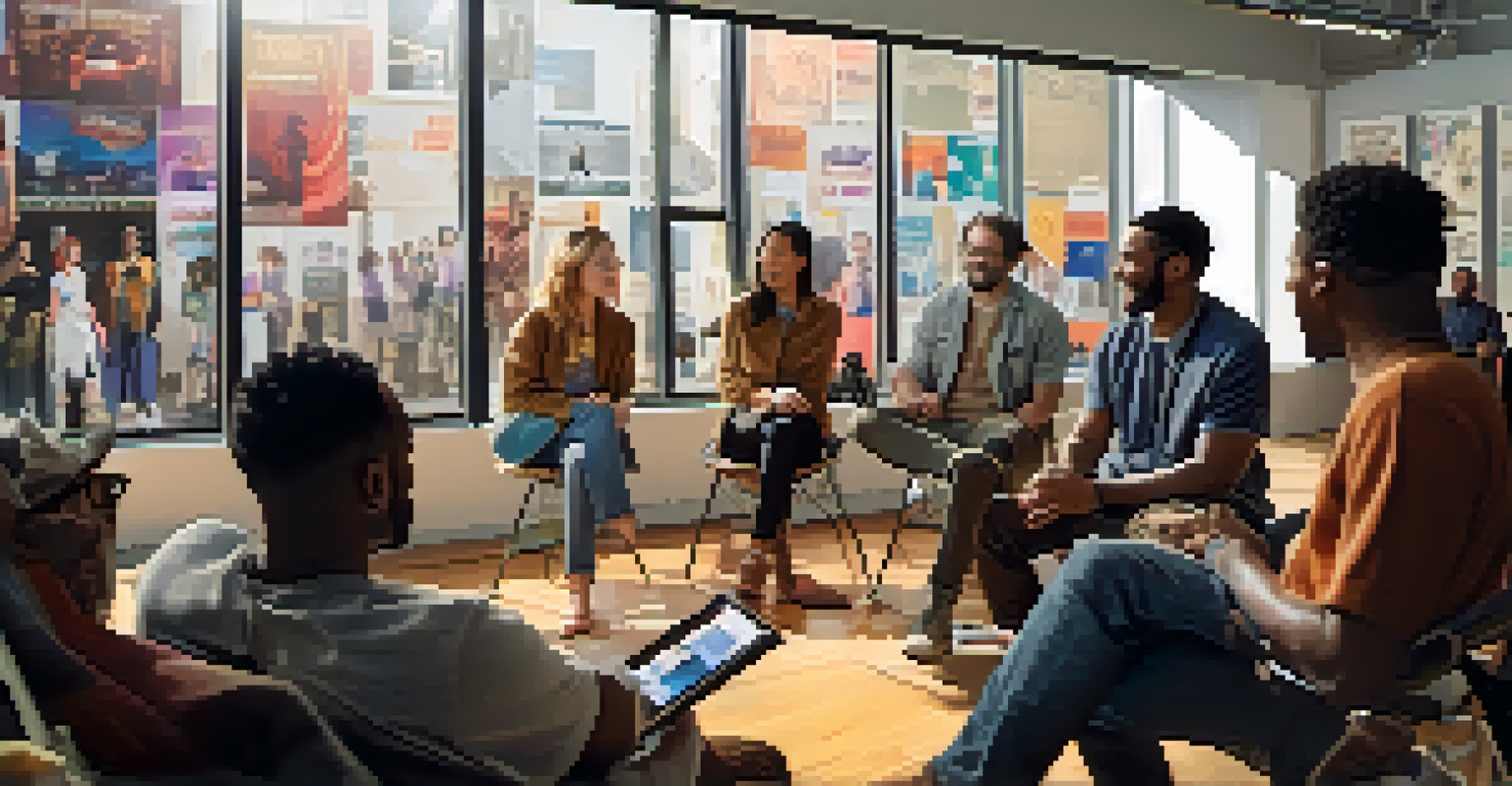 A diverse group of filmmakers discussing in a modern studio, showcasing their creativity and collaboration.
