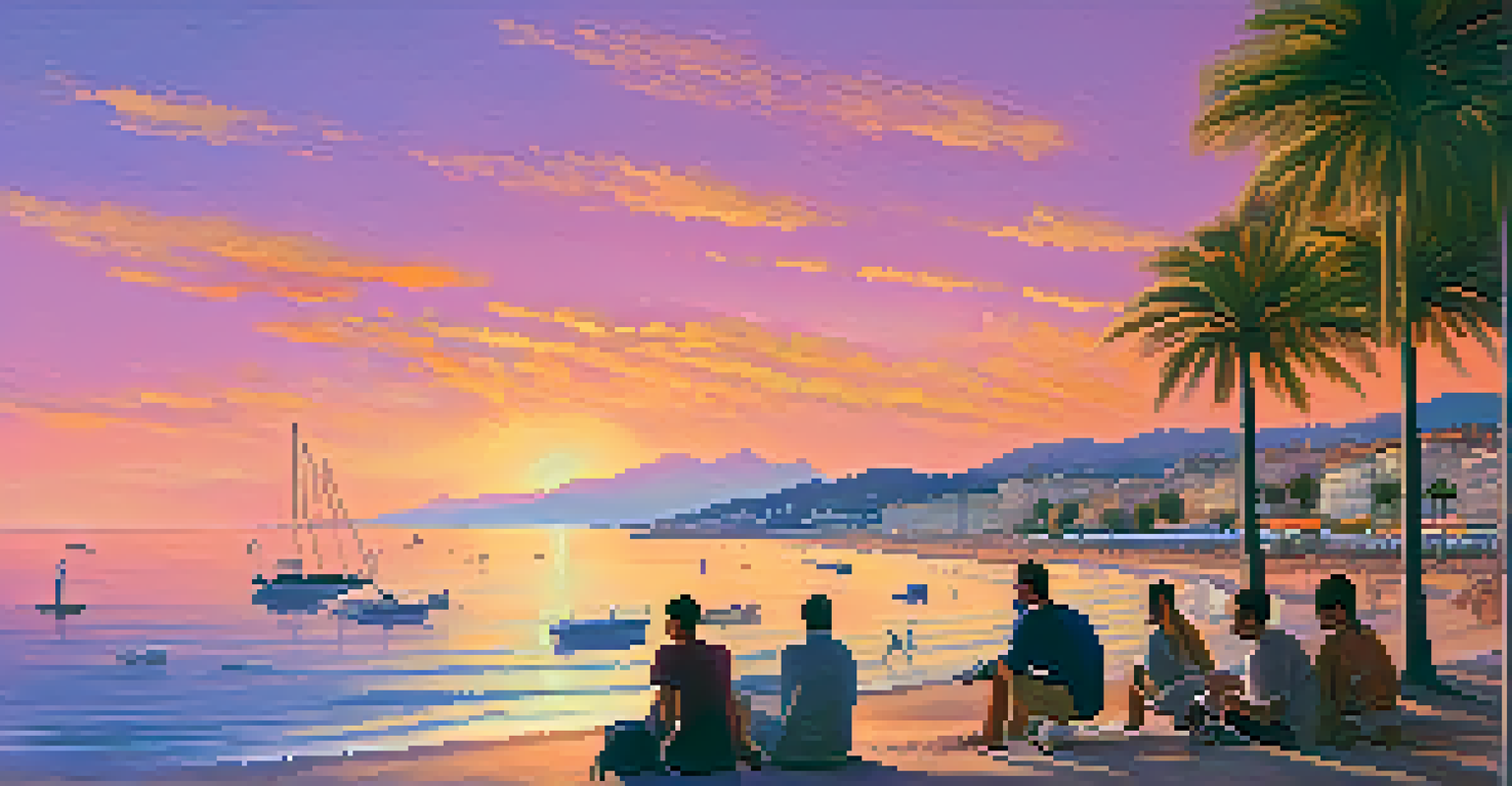 A beautiful sunset over the Mediterranean Sea in Cannes, with indie filmmakers discussing their projects on the beach.