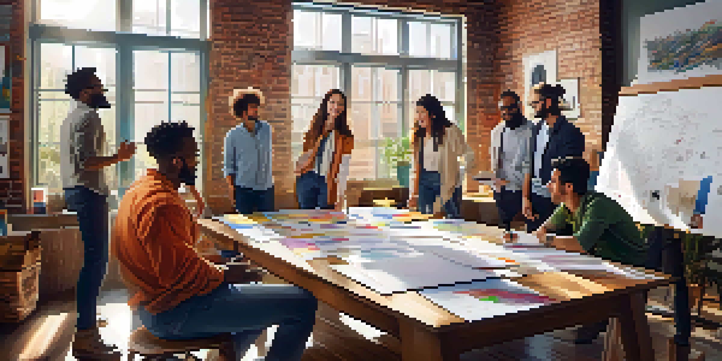 A diverse group of individuals brainstorming around a table filled with sketches and notes, in a brightly lit room with colorful artwork on the walls.