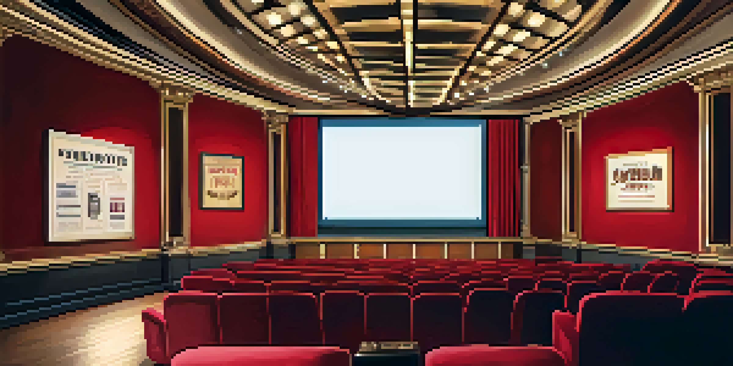 Interior of a cozy independent film theater with vintage red velvet seats, movie posters on the walls, and soft golden lighting.