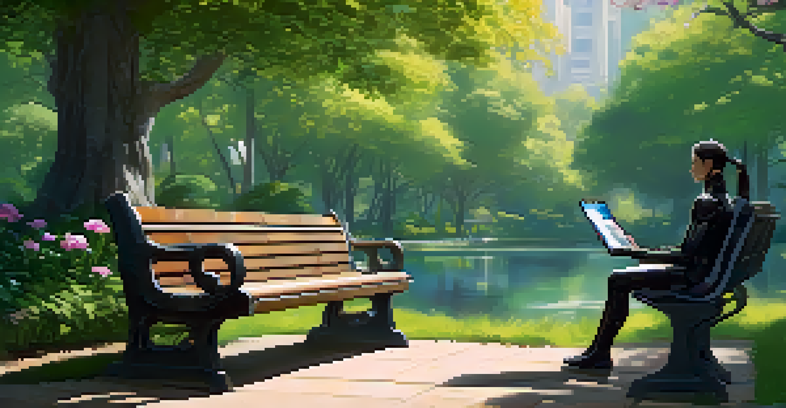A human and an android sitting together on a park bench in a lush park, both looking at a digital tablet displaying AI ethics articles.