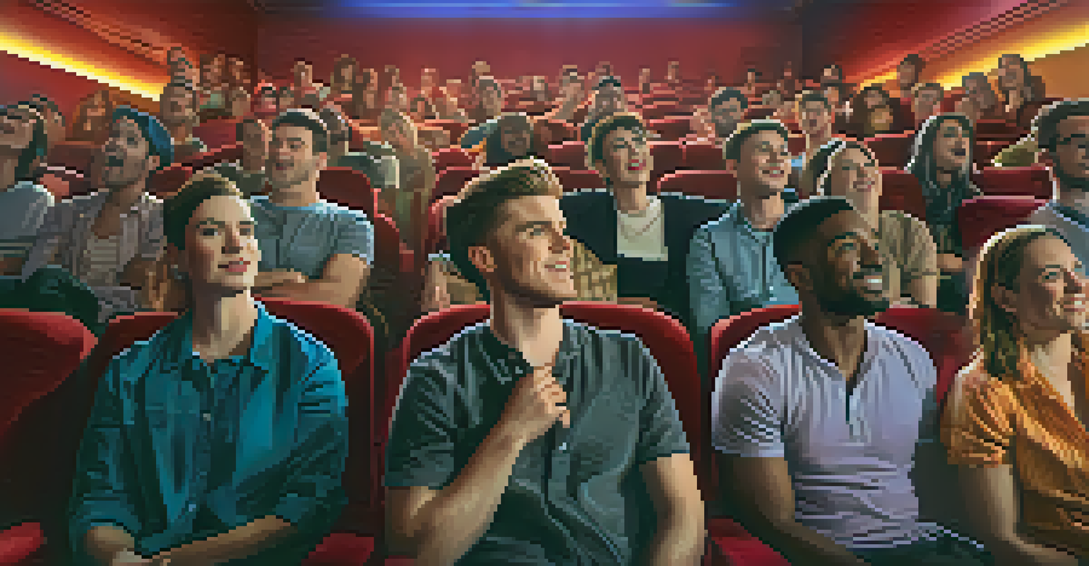 A diverse audience watching an LGBTQ+ film in a dimly lit cinema, with the screen's glow reflecting on their faces.