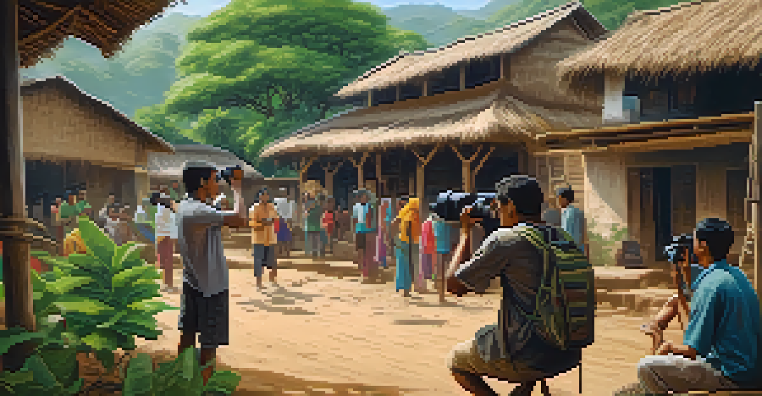 A filmmaker documenting life in a remote village, surrounded by local residents and lush greenery.