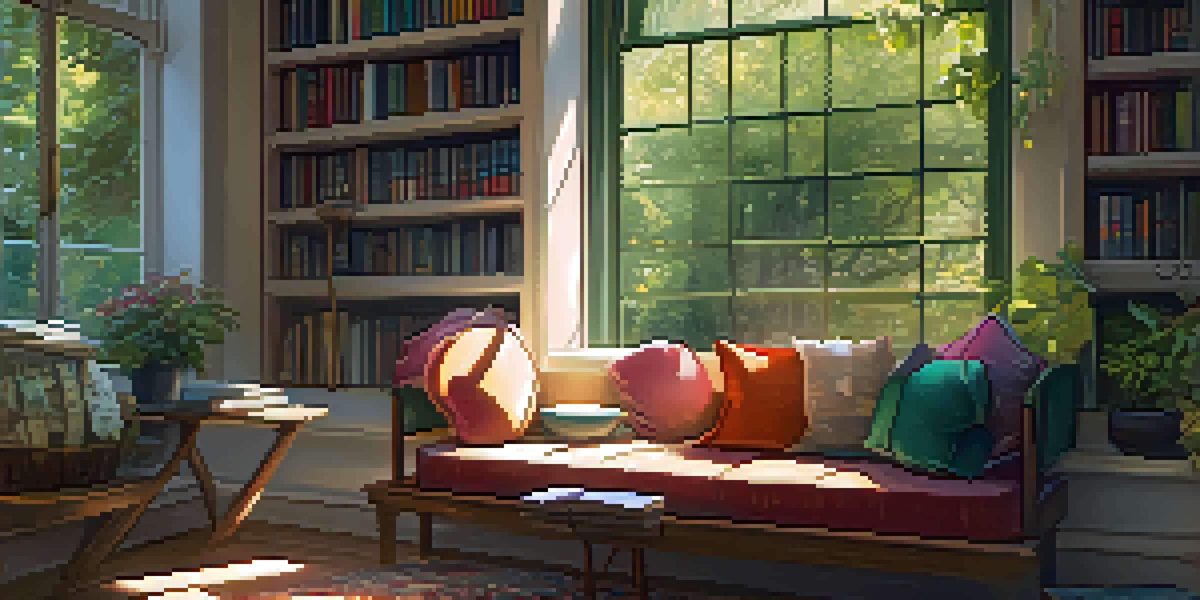 A cozy reading nook with a sunny window, an armchair with cushions, a bookshelf, and a cup of tea.