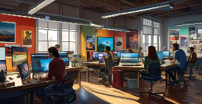 A diverse group of independent filmmakers working together in a bright modern workspace filled with film equipment and colorful storyboards.