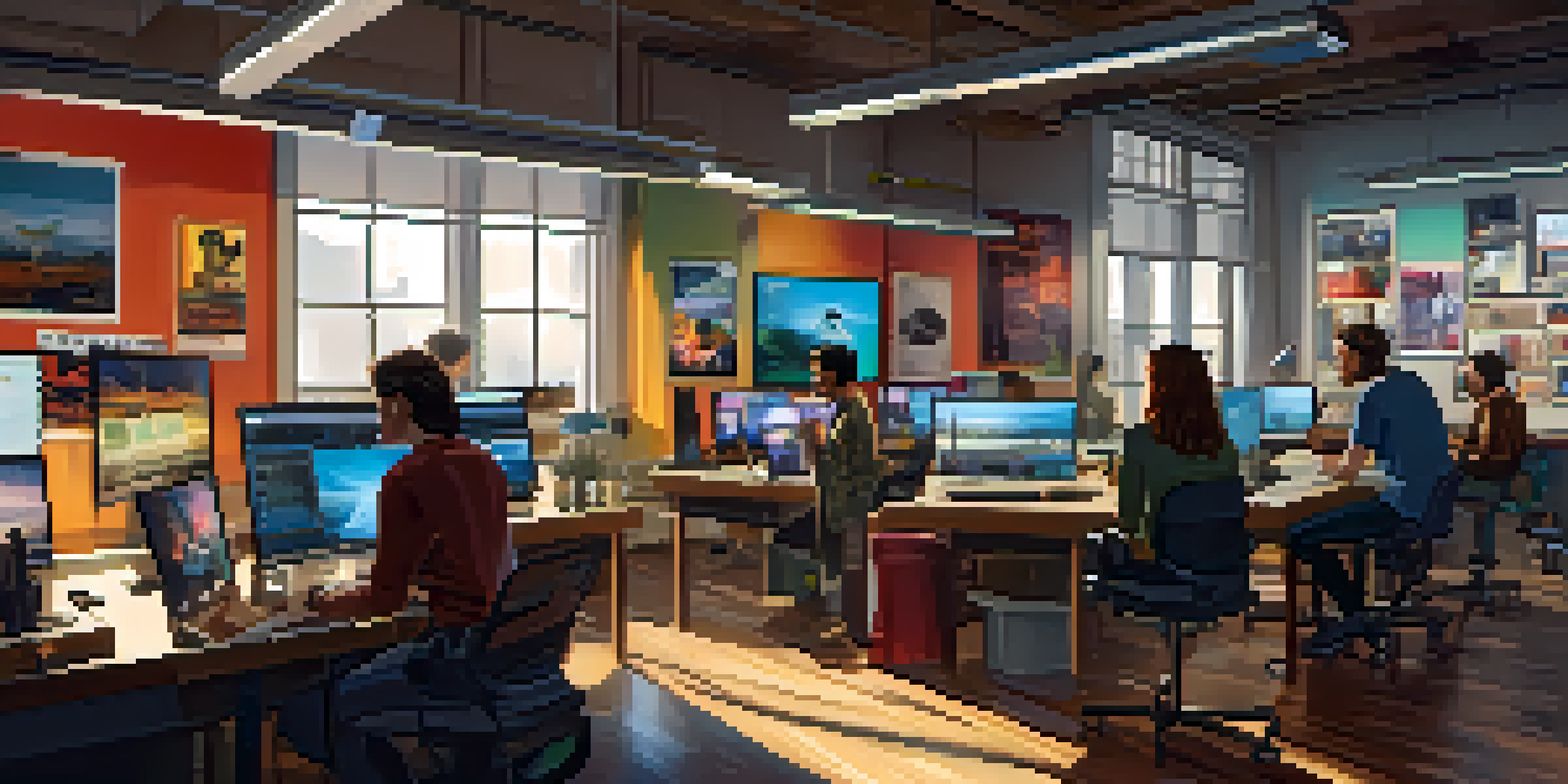 A diverse group of independent filmmakers working together in a bright modern workspace filled with film equipment and colorful storyboards.